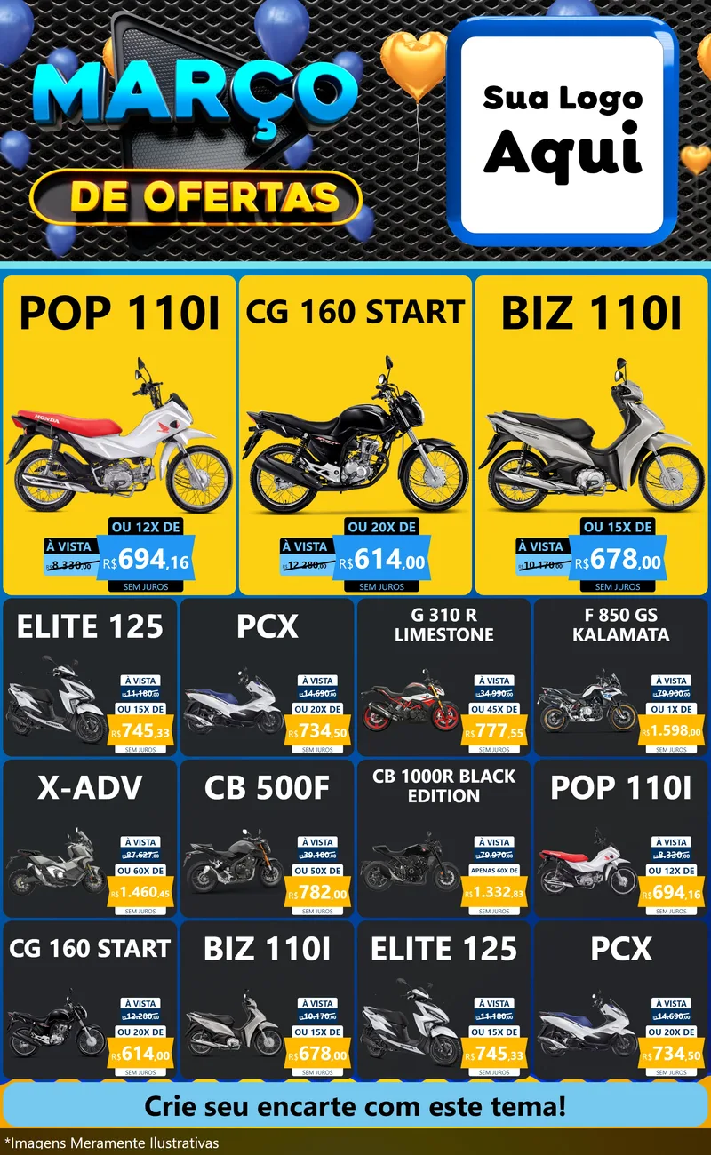 Modelo de Encarte para Encarte Grande com o tema Março de Ofertas para Concessionaria de Motos