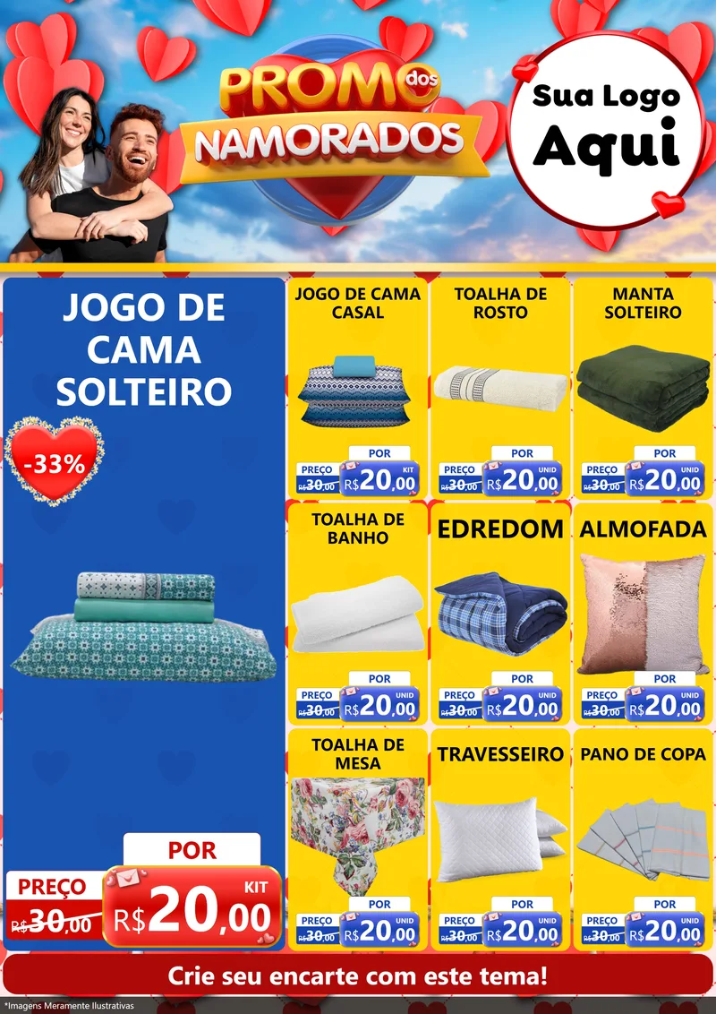 Modelo de Encarte para Encarte A4 Vertical com o tema Promo dos Namorados para Cama, Mesa e Banho