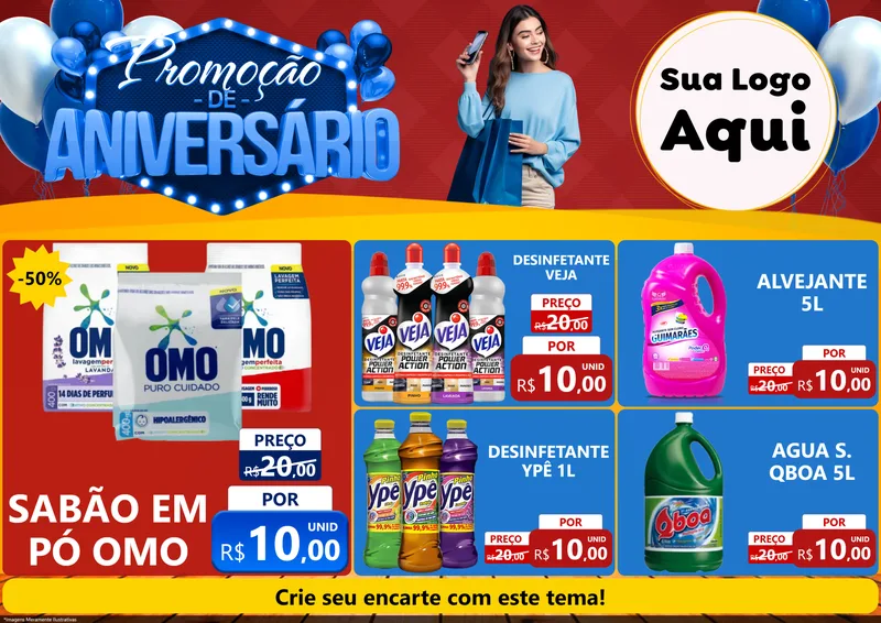 Modelo de Encarte para Encarte A4 Horizontal com o tema Promoção de Aniversário para Produtos de Limpeza