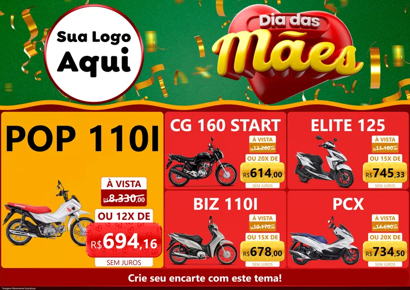 Modelo de Encarte para Encarte A4 Horizontal com o tema Dia das Mães para Concessionaria de Motos