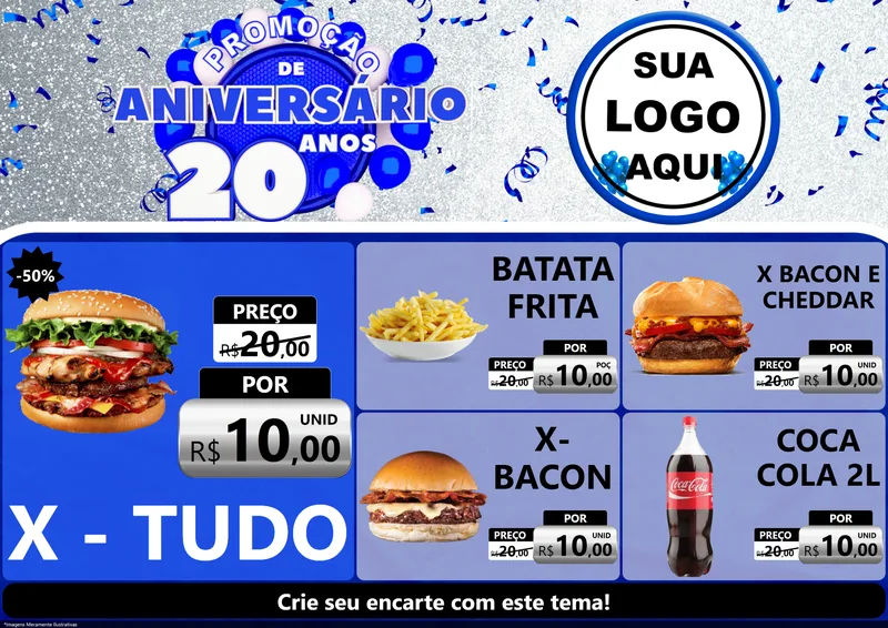 Modelo de Encarte para Encarte A4 Horizontal com o tema Promoção de Aniversário - 20 Anos para Hamburgueria