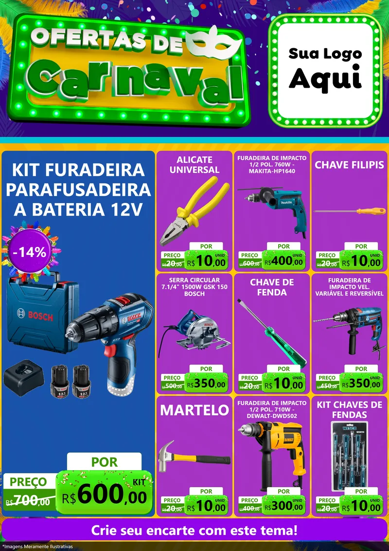 Modelo de Encarte para Encarte A4 Vertical com o tema Ofertas de Carnaval para Maquinas e Ferramentas