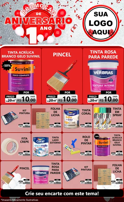 Modelo de Encarte para Encarte Grande com o tema Promoção de Aniversário - 1 Ano para Tintas e Ferramentas