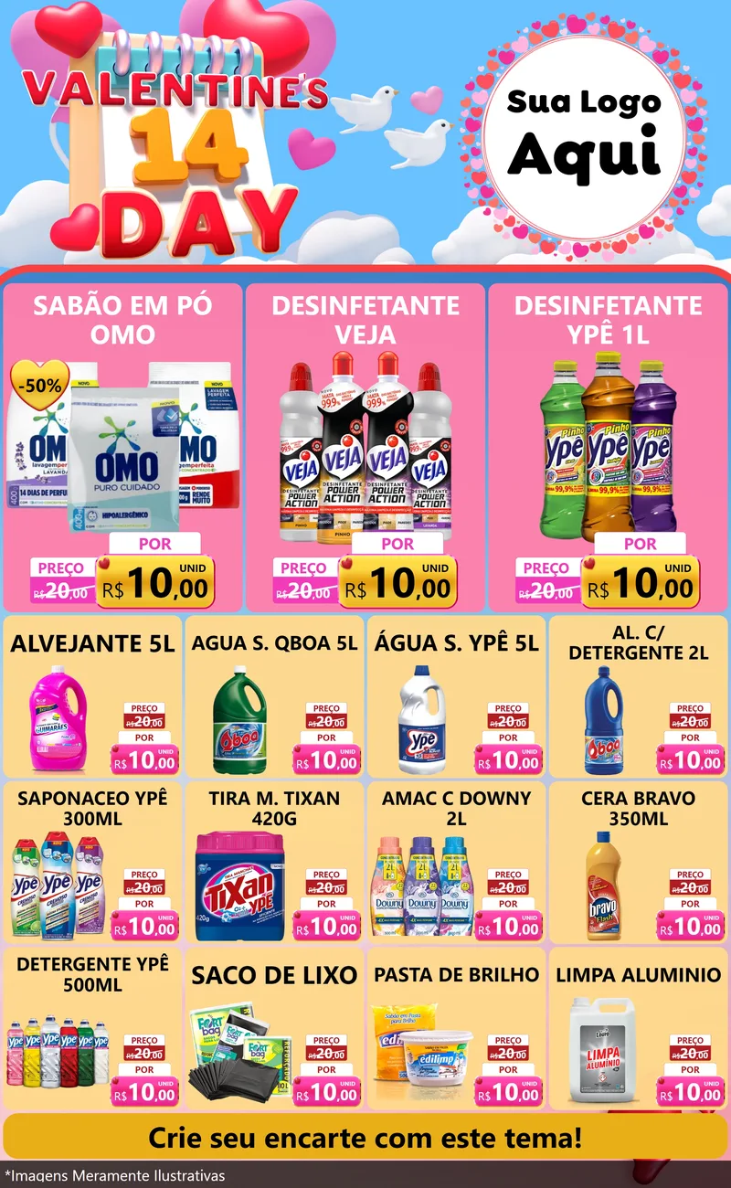 Modelo de Encarte para Encarte Grande com o tema Valentine's Day para Produtos de Limpeza