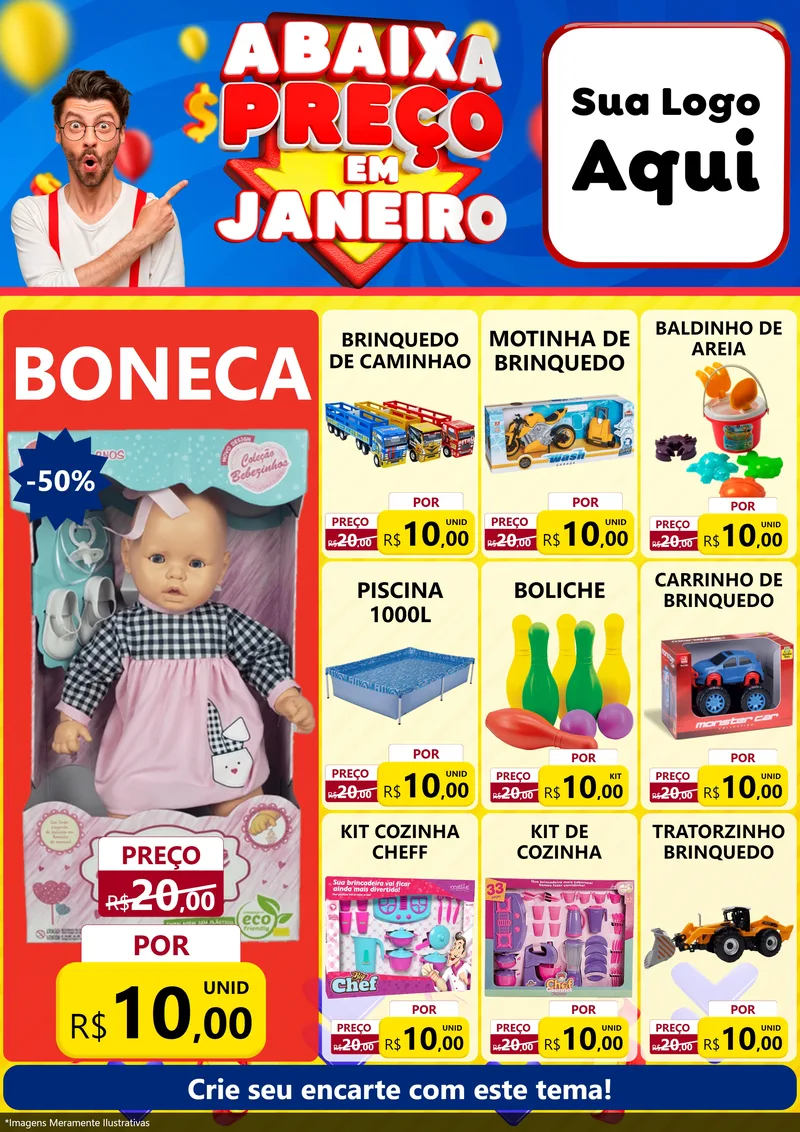 Modelo de Encarte para Encarte A4 Vertical com o tema Abaixa Preço em Janeiro para Brinquedos