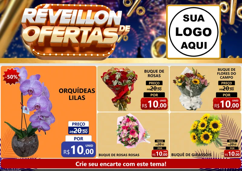 Modelo de Encarte para Encarte A4 Horizontal com o tema Réveillon de Ofertas para Floricultura e jardim
