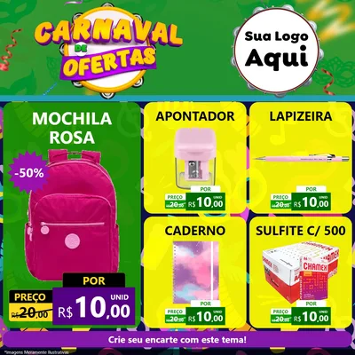 Modelo de Rede Social para Feed Facebook com o tema Carnaval de Ofertas para Papelaria