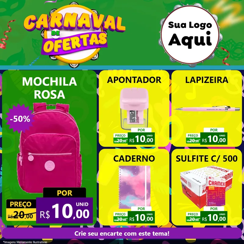 Modelo de Rede Social para Feed Facebook com o tema Carnaval de Ofertas para Papelaria