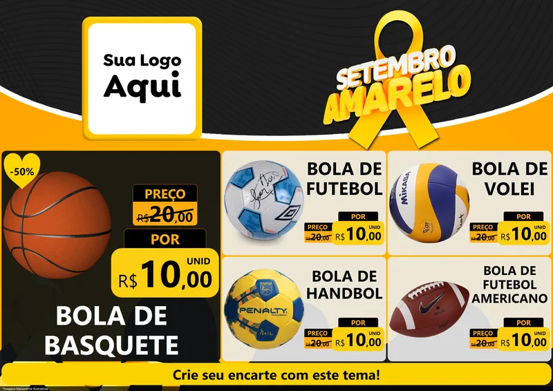 Modelo de Encarte para Encarte A4 Horizontal com o tema Setembro Amarelo para Artigos Esportivos