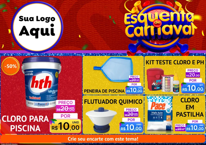 Modelo de Encarte para Encarte A4 Horizontal com o tema Esquenta de Carnaval para Produtos para Piscina