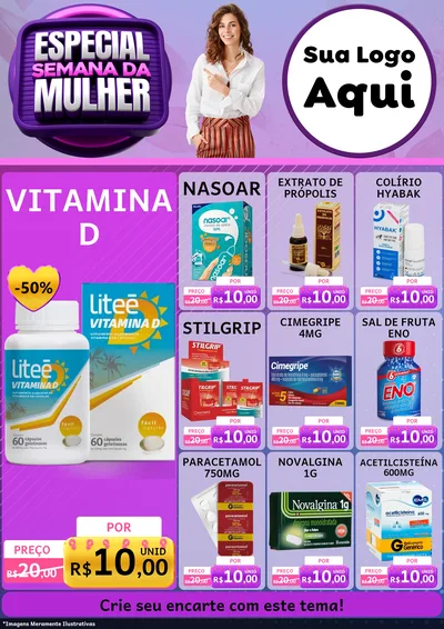 Modelo de Encarte para Encarte A4 Vertical com o tema Especial Semana da Mulher para Farmácia