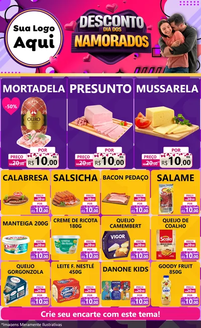 Modelo de Encarte para Encarte Grande com o tema Desconto Dia dos Namorados para Frios e Laticínios