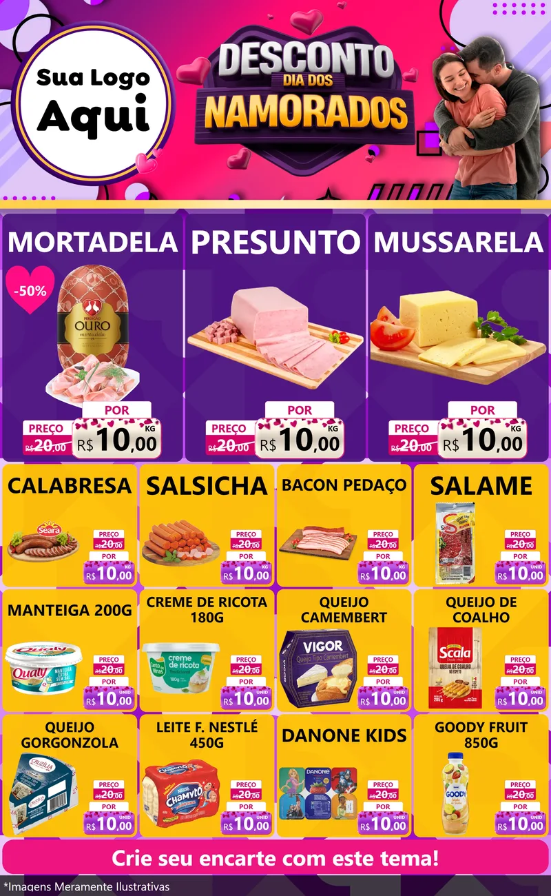 Modelo de Encarte para Encarte Grande com o tema Desconto Dia dos Namorados para Frios e Laticínios