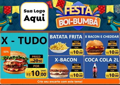 Modelo de Encarte para Encarte A4 Horizontal com o tema Festa Boi Bumbá para Hamburgueria