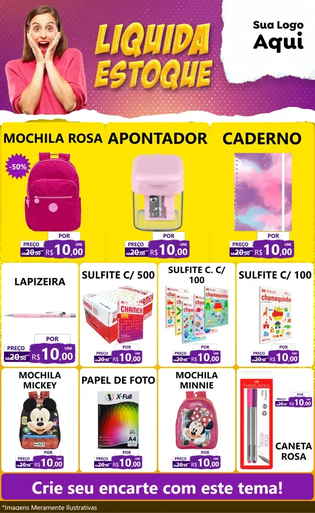 Modelo de Encarte para Encarte Grande com o tema Liquida estoque para Papelaria