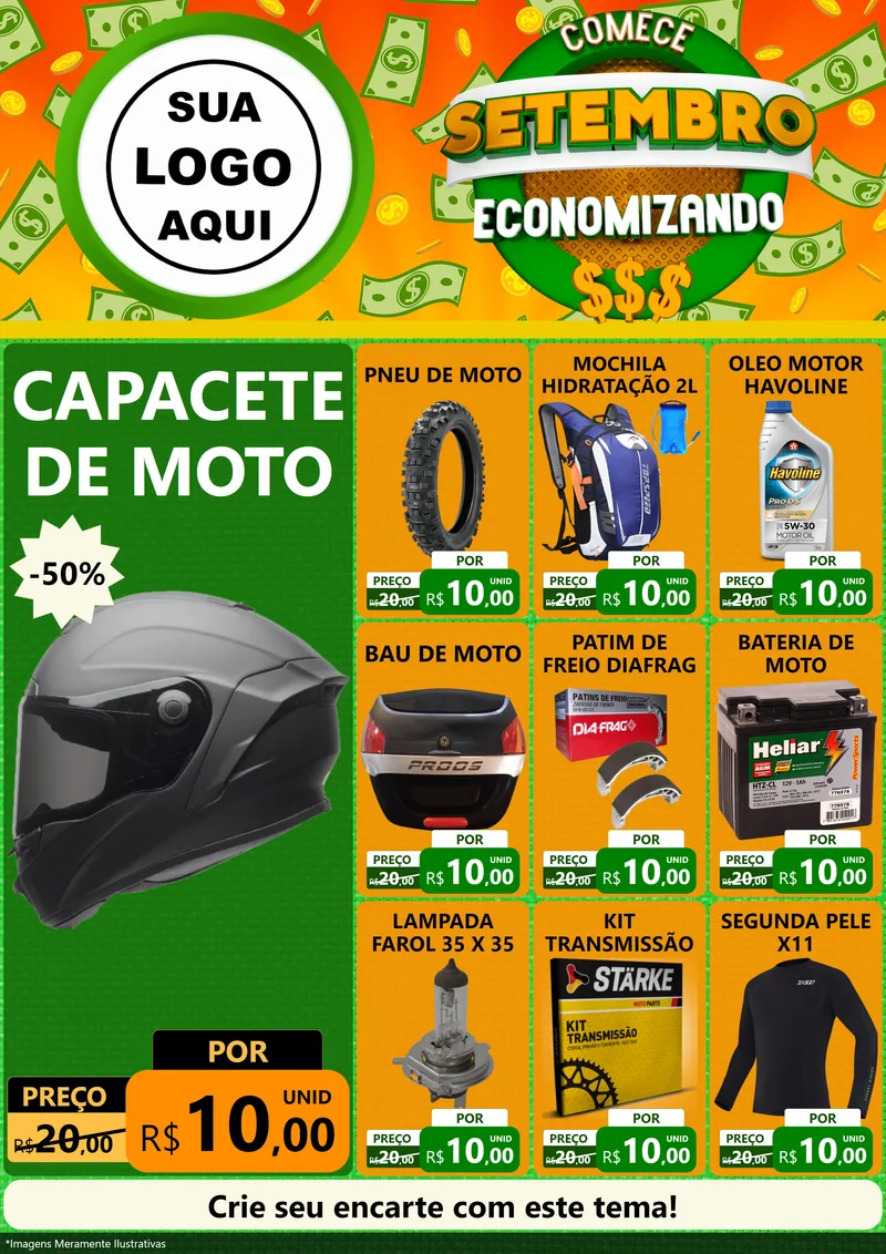 Modelo de Encarte para Encarte A4 Vertical com o tema Comece Setembro Economizando para Moto peças