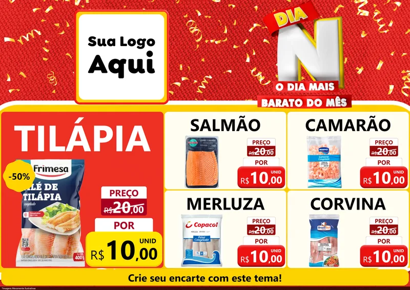 Modelo de Encarte para Encarte A4 Horizontal com o tema Dia N o Dia Mais Barato do Mês para Peixaria