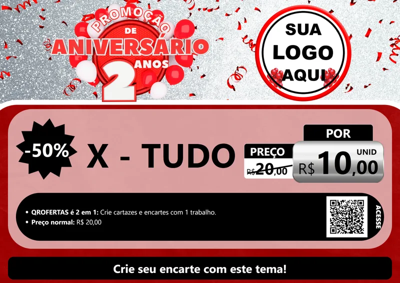 Modelo de Cartaz para Cartaz A4 Horizontal com o tema Promoção de Aniversário - 2 Anos para Hamburgueria