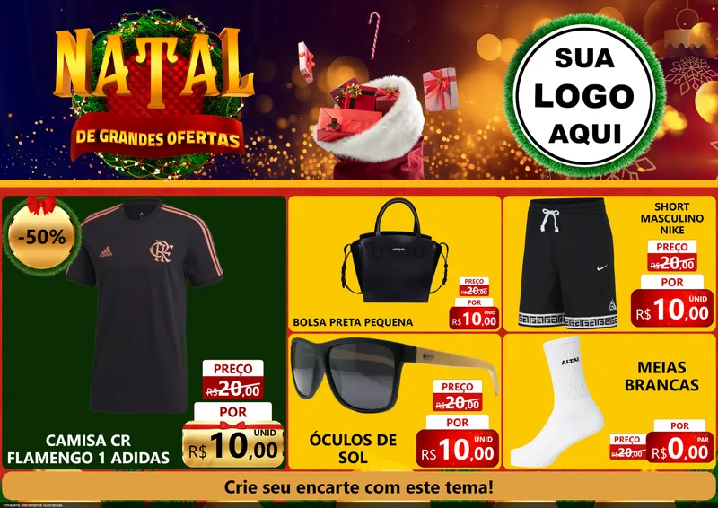 Modelo de Encarte para Encarte A4 Horizontal com o tema Natal de Grandes Ofertas para Roupas e acessórios