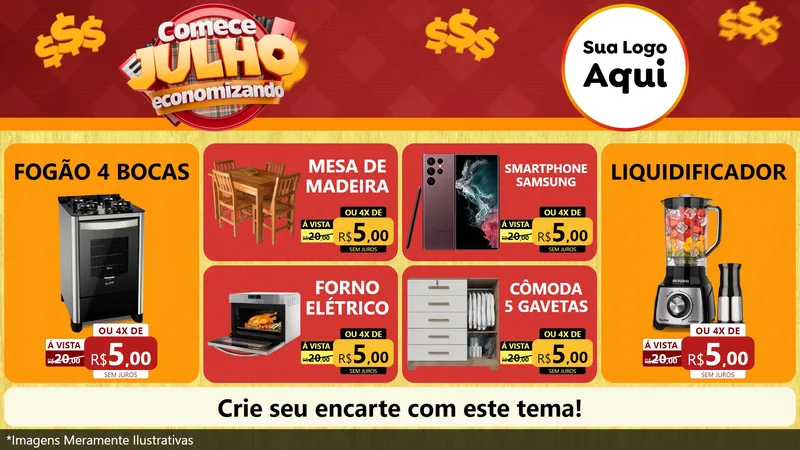 Modelo de TV para TV Horizontal com o tema Comece Julho Economizando para Móveis e Eletro