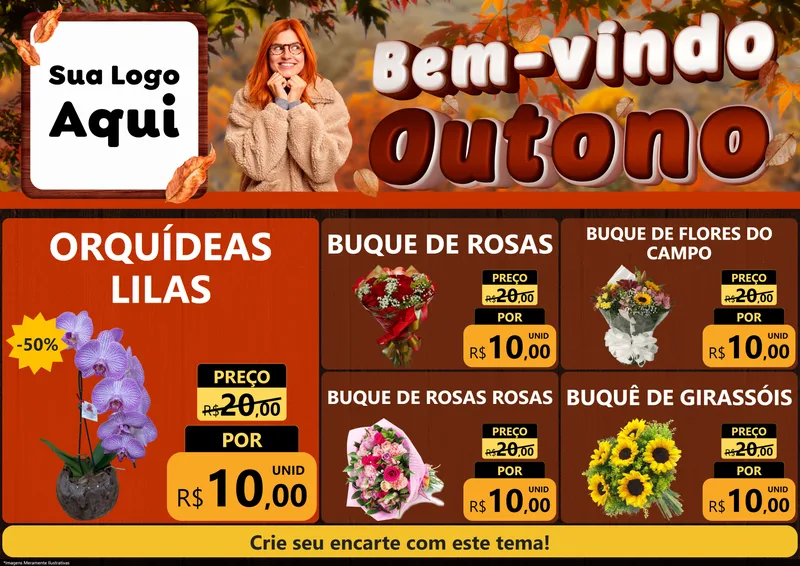 Modelo de Encarte para Encarte A4 Horizontal com o tema Bem-vindo Outono para Floricultura e jardim