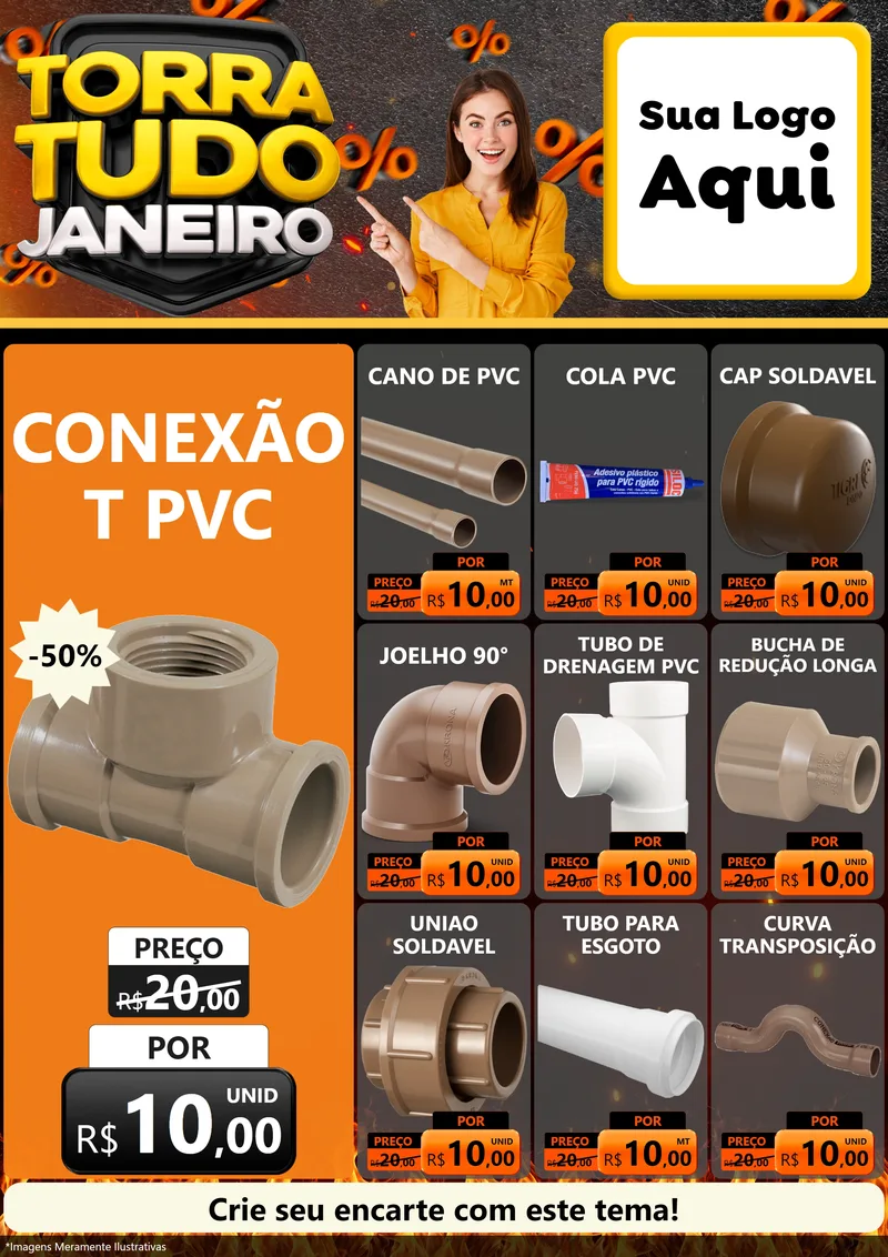 Modelo de Encarte para Encarte A4 Vertical com o tema Torra Tudo Janeiro para Tubos e conexões