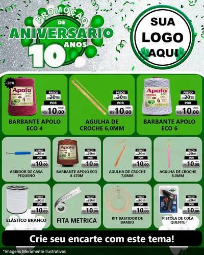 Modelo de Rede Social para Feed Instagram com o tema Promoção de Aniversário - 10 Anos para Armarinho e Aviamentos