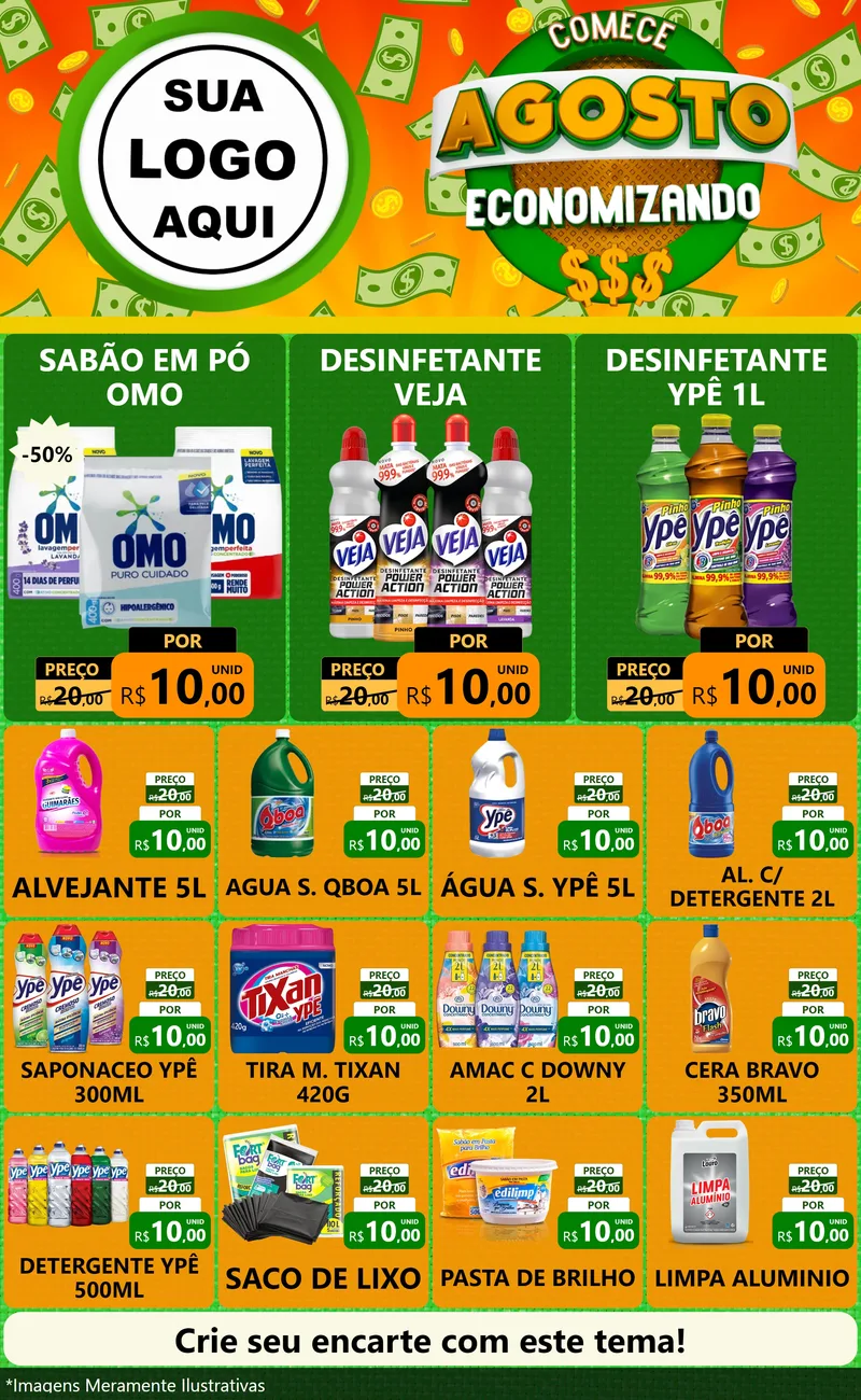 Modelo de Encarte para Encarte Grande com o tema Comece Agosto Economizando para Produtos de Limpeza
