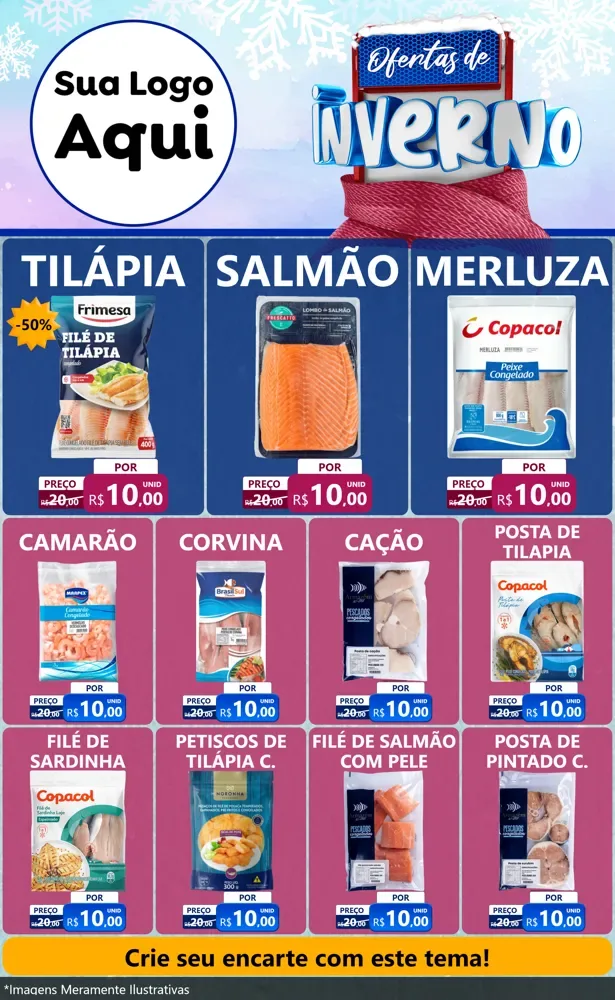 Modelo de Encarte para Encarte Grande com o tema Ofertas de Inverno para Peixaria