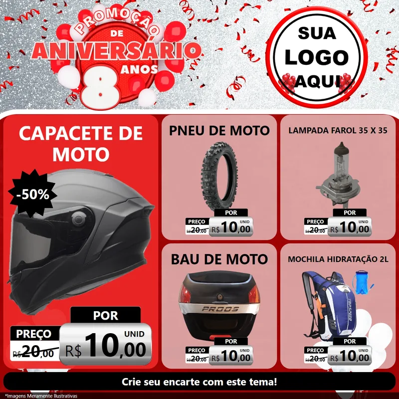 Modelo de Rede Social para Feed Facebook com o tema Promoção de Aniversário - 8 Anos para Moto peças