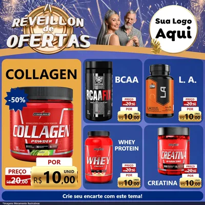 Modelo de Rede Social para Feed Facebook com o tema Réveillon de Ofertas para Suplementos alimentares