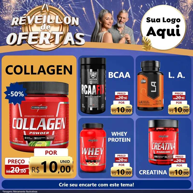 Modelo de Rede Social para Feed Facebook com o tema Réveillon de Ofertas para Suplementos alimentares