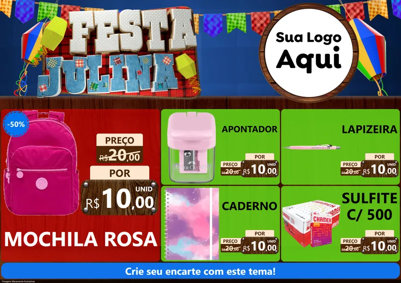 Modelo de Encarte para Encarte A4 Horizontal com o tema Festa Julina para Papelaria