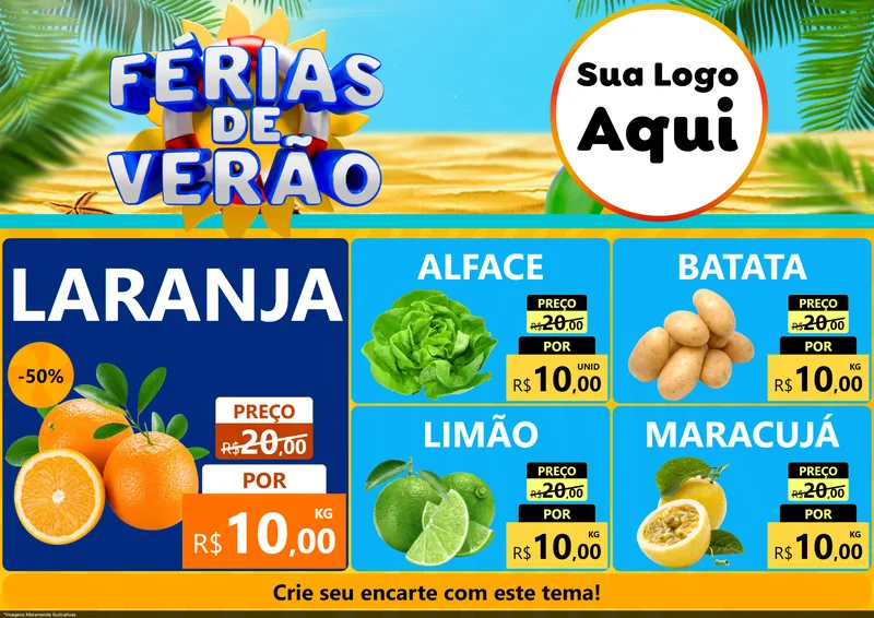 Modelo de Encarte para Encarte A4 Horizontal com o tema Férias de Verão para Hortifrúti
