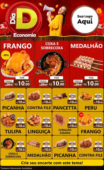 Modelo de Encarte para Encarte Grande com o tema Dia D Economia para Assados