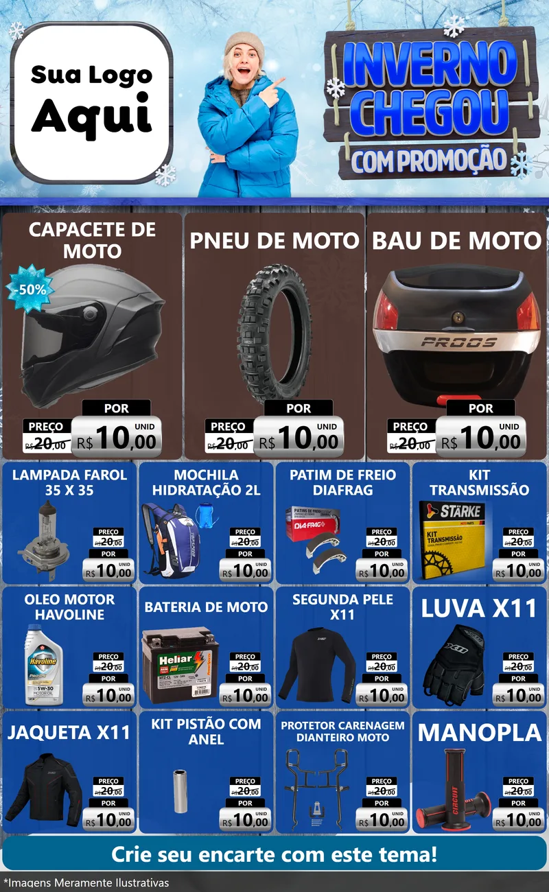 Modelo de Encarte para Encarte Grande com o tema Inverno Chegou Com Promoção para Moto peças