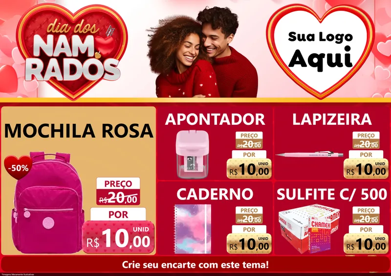 Modelo de Encarte para Encarte A4 Horizontal com o tema Dia dos Namorados para Papelaria