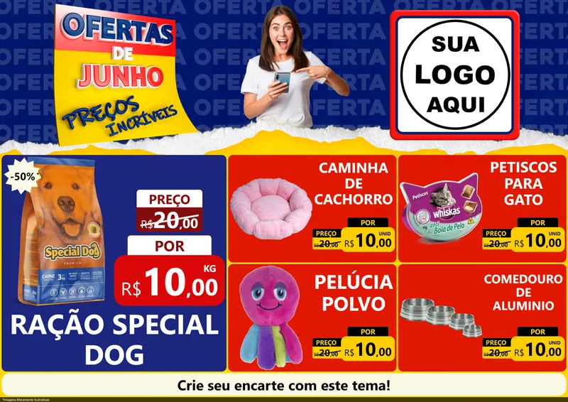 Modelo de Encarte para Encarte A4 Horizontal com o tema Ofertas de Junho - Preços Incríveis para Pet Shop