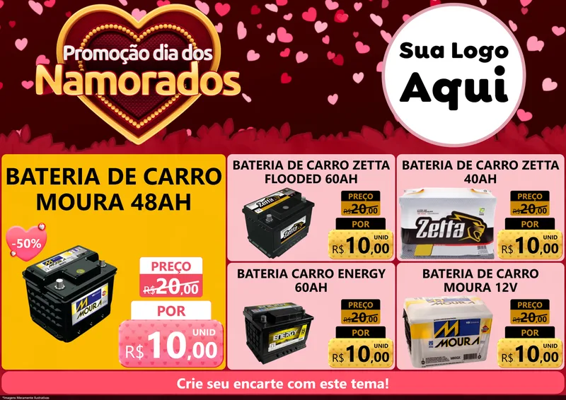 Modelo de Encarte para Encarte A4 Horizontal com o tema Promoção Dia Dos Namorados para Baterias Elétricas