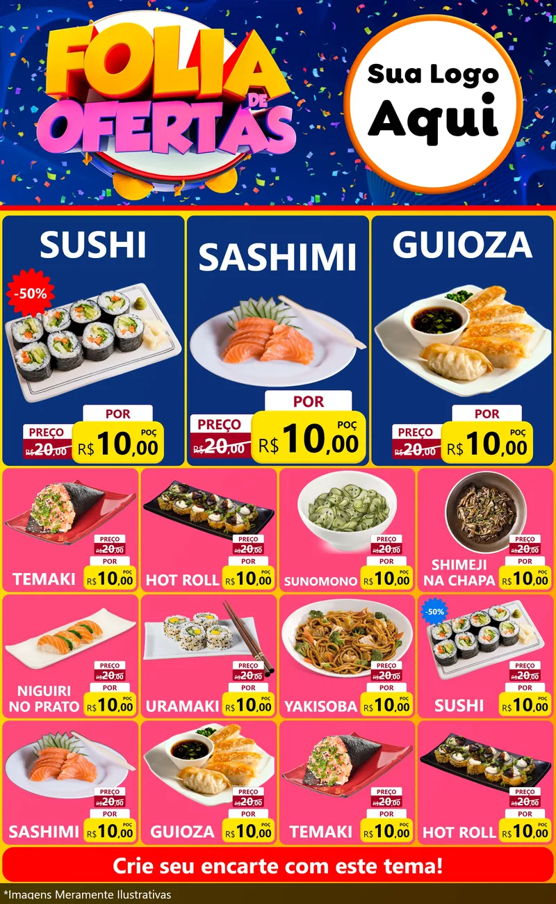Modelo de Encarte para Encarte Grande com o tema Folia de Ofertas para Comida japonesa