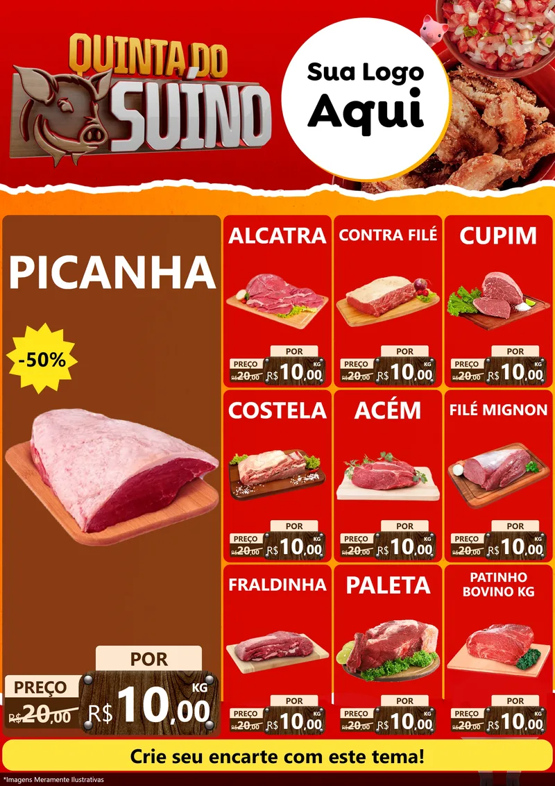 Modelo de Encarte para Encarte A4 Vertical com o tema Quinta do Suíno para Açougue