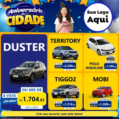 Modelo de Rede Social para Feed Facebook com o tema Aniversário da Cidade para Concessionaria de Carros