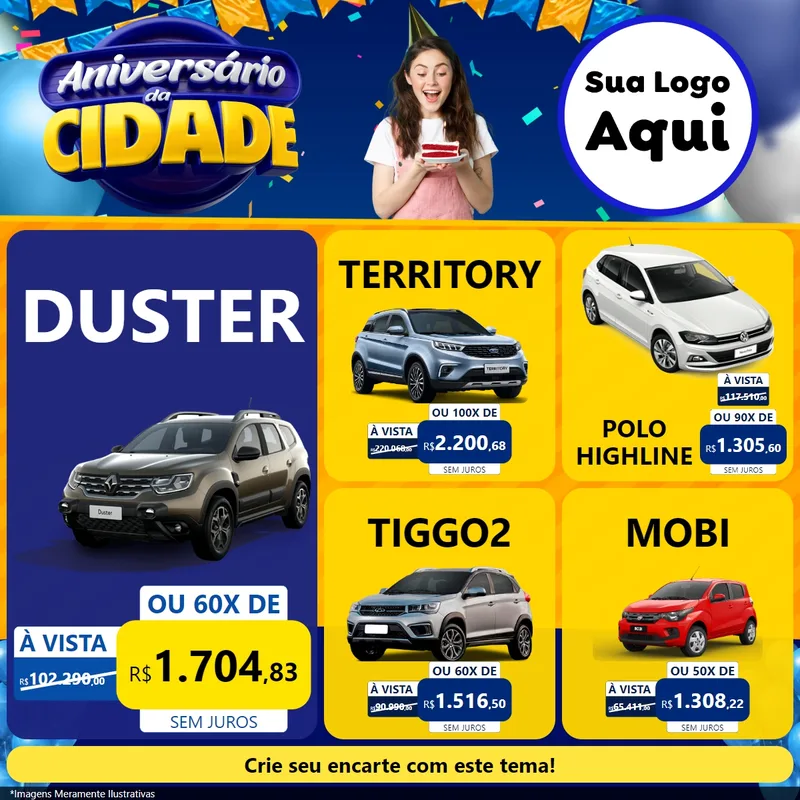 Modelo de Rede Social para Feed Facebook com o tema Aniversário da Cidade para Concessionaria de Carros