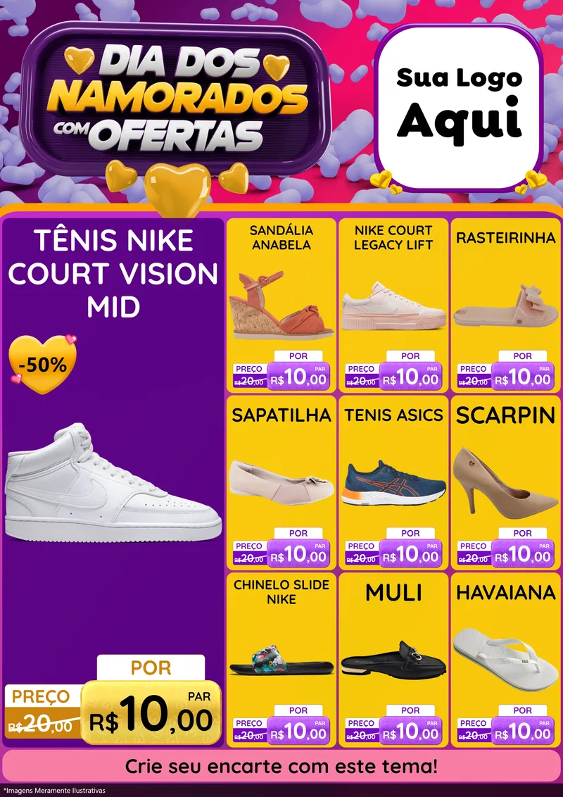 Modelo de Encarte para Encarte A4 Vertical com o tema Dia Dos Namorados Com Ofertas para Calçados