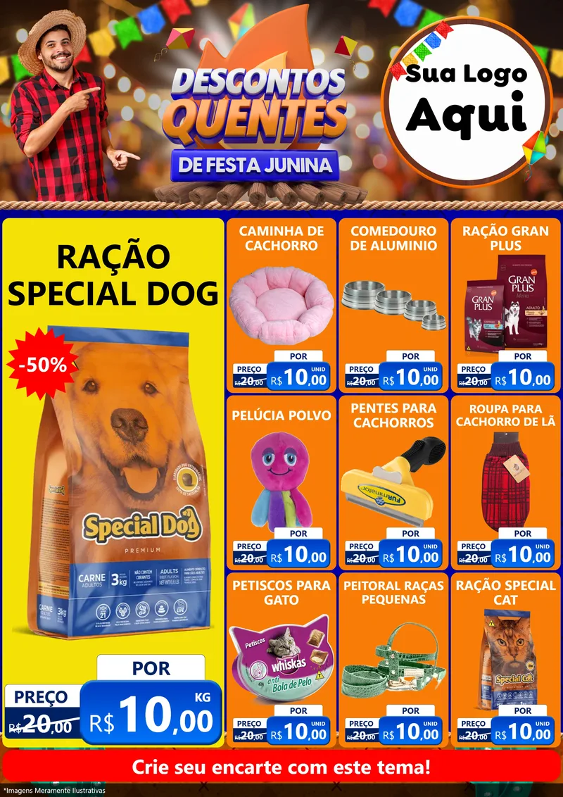 Modelo de Encarte para Encarte A4 Vertical com o tema Descontos Quentes de Festa Junina para Pet Shop