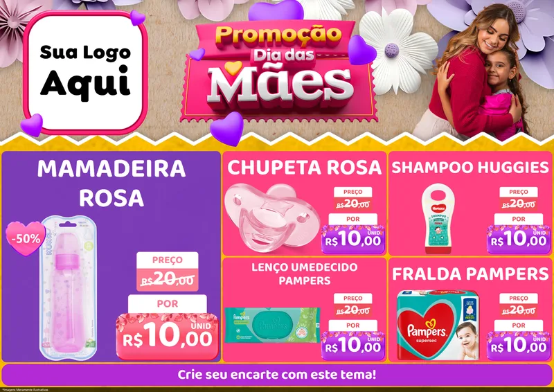 Modelo de Encarte para Encarte A4 Horizontal com o tema Promoção Dia das Mães para Bebês