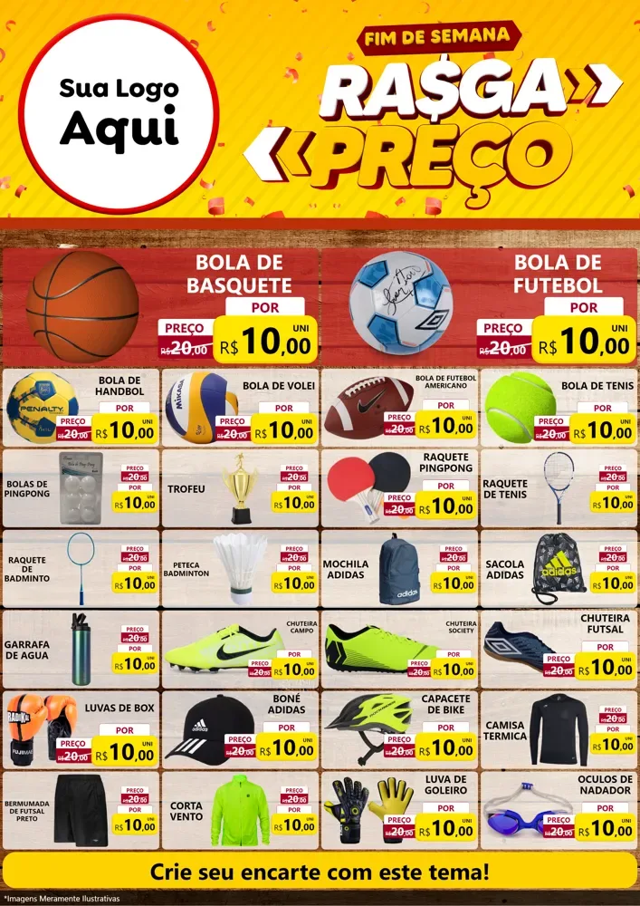 Modelo de Encarte para Encarte A4 Vertical com o tema Fim de Semana Rasga Preços para Artigos Esportivos