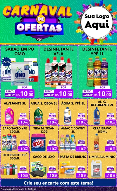 Modelo de Encarte para Encarte Grande com o tema Carnaval de Ofertas para Produtos de Limpeza