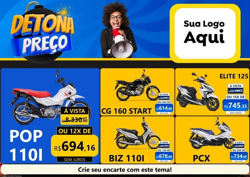 Modelo de Encarte para Encarte A4 Horizontal com o tema Detona Preços para Concessionaria de Motos