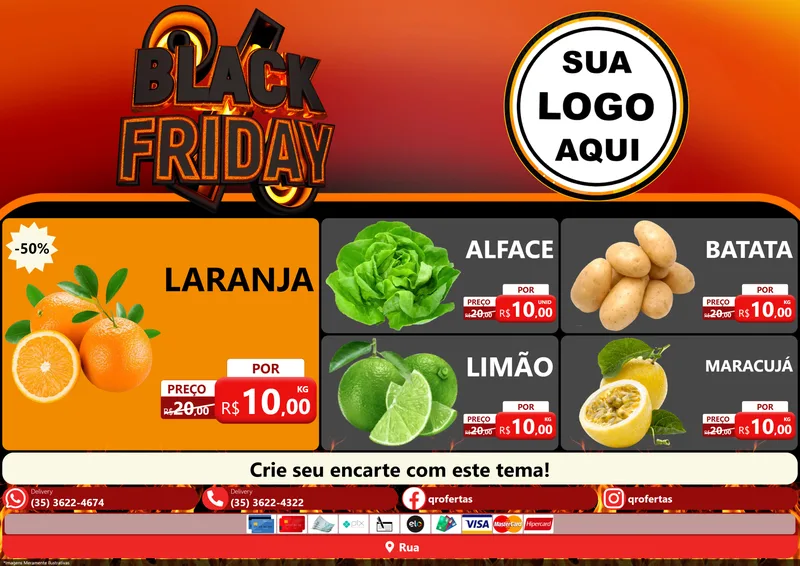 Modelo de Encarte para Encarte A4 Horizontal com o tema Black Friday para Hortifrúti